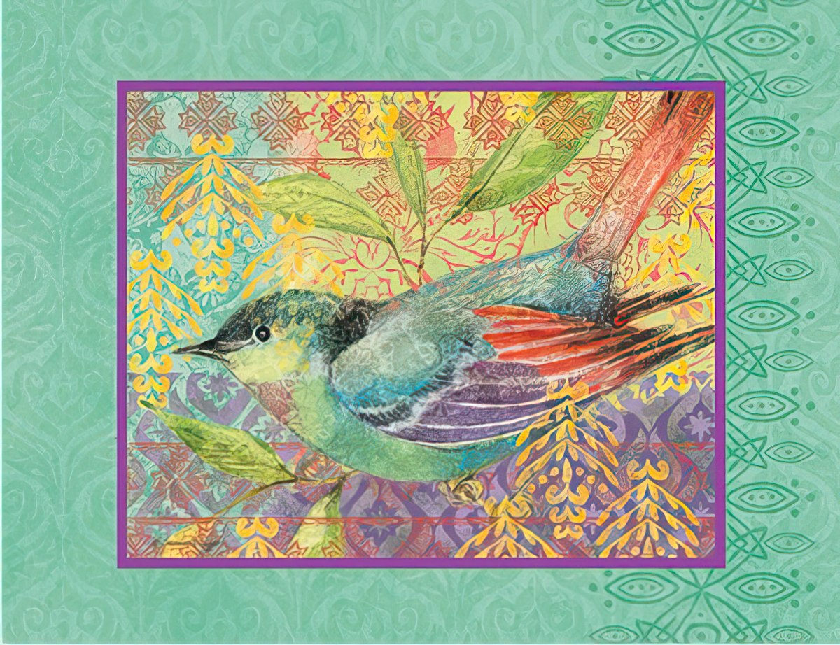 Vibrant greeting card front featuring an artistic bird illustration with teal, purple, and orange feathers, perched on a branch amidst ornate green and gold patterned background. Perfect for any message.