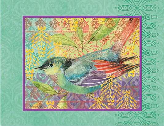 Fanciful Bird Blank Greeting Card front with a detailed watercolor bird on an intricate patterned background.