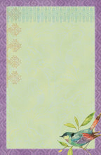 Inside of a customizable greeting card, displaying a light green writing space with a small artistic bird illustration and delicate purple and gold patterns along the borders. Ideal for personal notes.