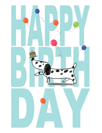 Front of a Happy Birthday greeting card with a cute dalmatian dog balancing a cake, surrounded by colorful balloons.
