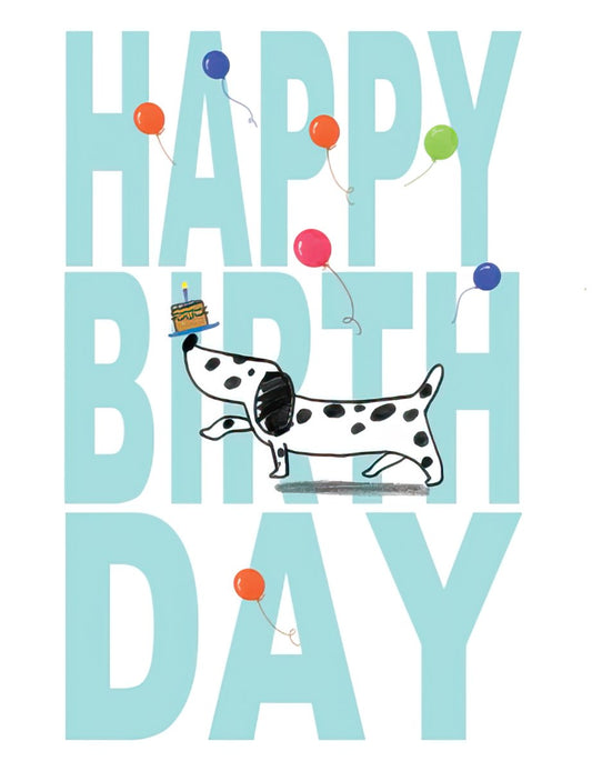 Front of a Happy Birthday greeting card with a cute dalmatian dog balancing a cake, surrounded by colorful balloons.