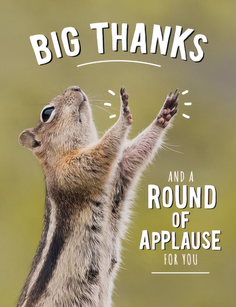 Cute chipmunk raising paws in applause, expressing big thanks with 'BIG THANKS AND A ROUND OF APPLAUSE FOR YOU' text on a thank you greeting card with a green background.