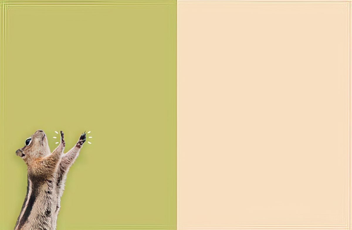 Inside view of a thank you greeting card featuring a cheerful chipmunk with raised paws, ready for a heartfelt message on a split green and cream background.