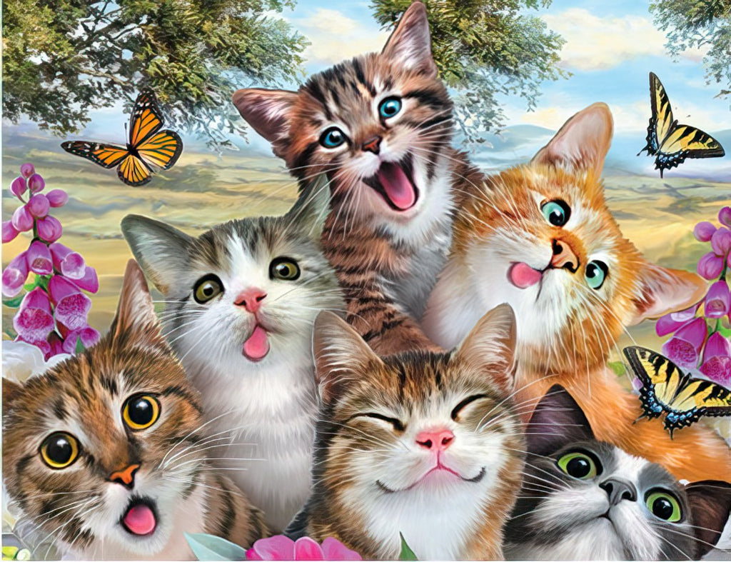 Adorable greeting card front with a playful group of kittens, fluffy cats, and colorful butterflies in a sunny natural setting, perfect for bringing joy to a dear friend.