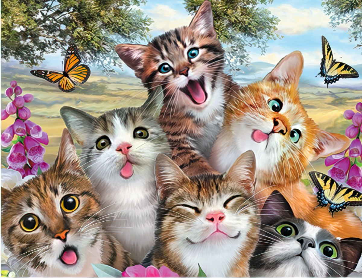 Adorable greeting card front with a playful group of kittens, fluffy cats, and colorful butterflies in a sunny natural setting, perfect for bringing joy to a dear friend.