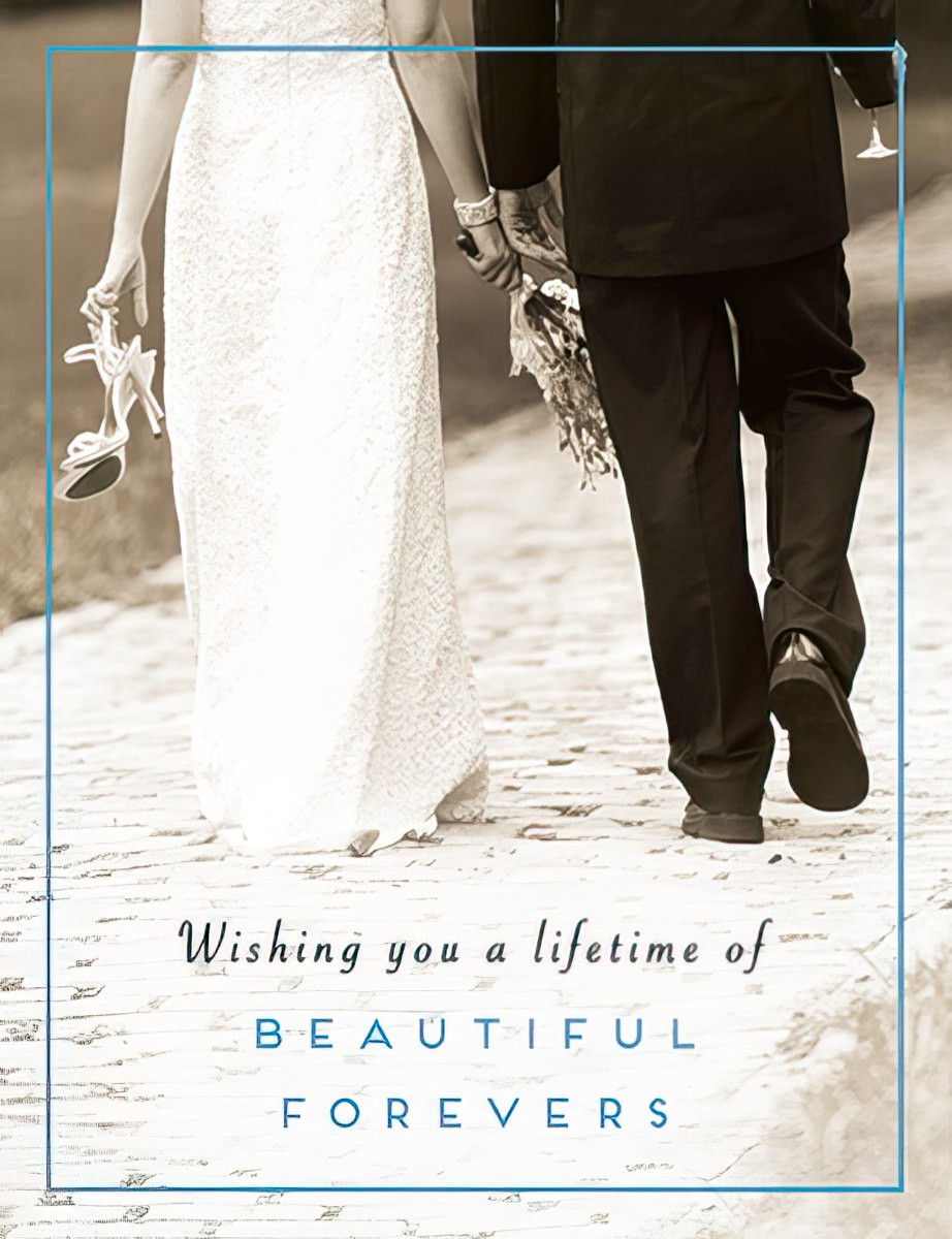 Wedding card front with a newlywed couple walking away, bride holding shoes, and text 'Wishing you a lifetime of Beautiful Forevers'.