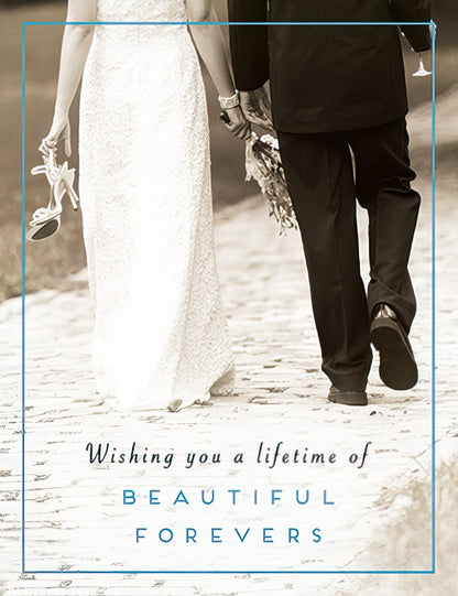 Wedding card front with a newlywed couple walking away, bride holding shoes, and text 'Wishing you a lifetime of Beautiful Forevers'.