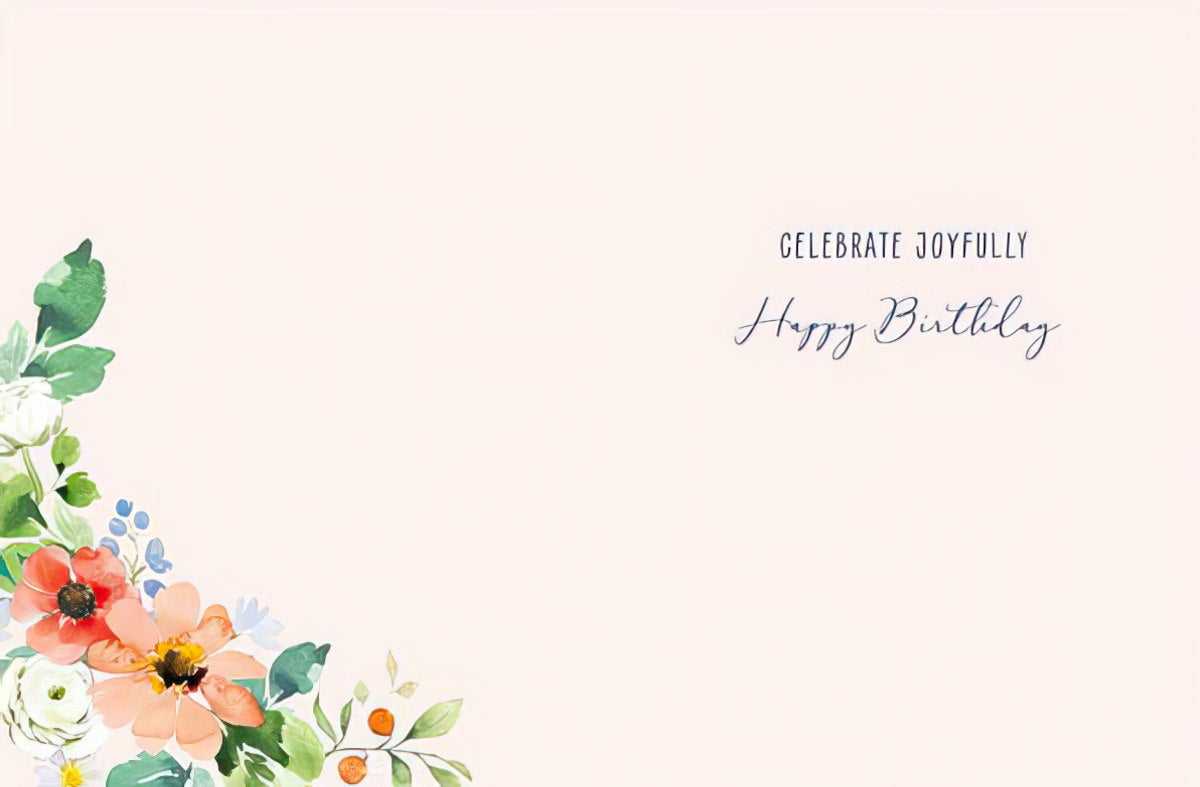 Inside of a sophisticated floral watercolor greeting card featuring a corner bouquet and 'Celebrate Joyfully Happy Birthday' message.