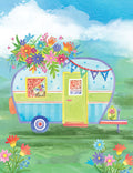 Whimsical camper trailer greeting card overflowing with vibrant wildflowers, perfect for a cheerful celebration. Features a polka-dot and striped caravan with a 'HAPPY' banner, set in a sunny field under a blue sky.