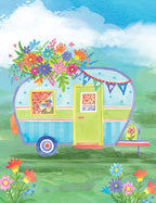 Whimsical camper trailer greeting card overflowing with vibrant wildflowers, perfect for a cheerful celebration. Features a polka-dot and striped caravan with a 'HAPPY' banner, set in a sunny field under a blue sky.