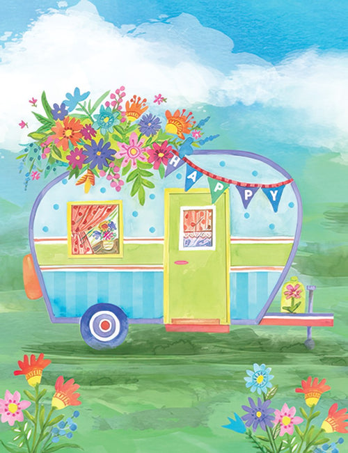 Whimsical camper trailer greeting card overflowing with vibrant wildflowers, perfect for a cheerful celebration. Features a polka-dot and striped caravan with a 'HAPPY' banner, set in a sunny field under a blue sky.