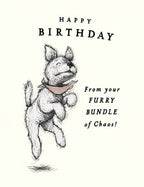 Front of a playful white cartoon dog greeting card, featuring a jumping dog with a bandana and text 'HAPPY BIRTHDAY From your FURRY BUNDLE of Chaos!', perfect for pet lovers and spouses.