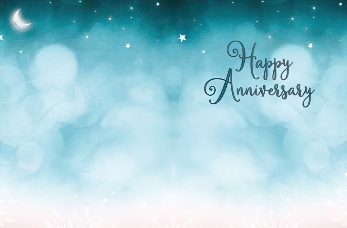 Inside of a greeting card with a soft blue starry background and 'Happy Anniversary' in elegant script.