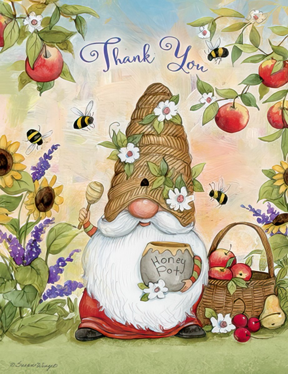 Front of a whimsical thank you greeting card featuring a gnome with a beehive hat holding a honey pot, surrounded by buzzing bees, sunflowers, lavender, and red apples. The text 'Thank You' is prominently displayed in elegant script at the top. Watercolor style illustration.