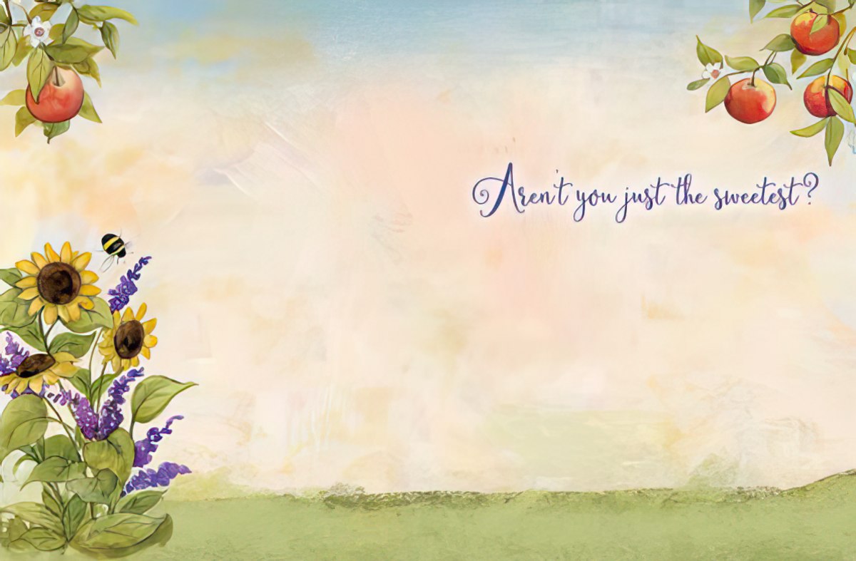 Inside of a thank you greeting card with a light, warm gradient background. The left side shows a partial border of sunflowers and lavender. The right side features the elegant script text 'Aren't you just the sweetest?'. The rest of the space is blank for a personal message.