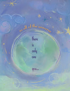 Front of a heartfelt birthday greeting card, illustrated with a large stylized blue-green planet in a starry, cloudy universe. Text reads: 'in all of the universe there is only one you...'