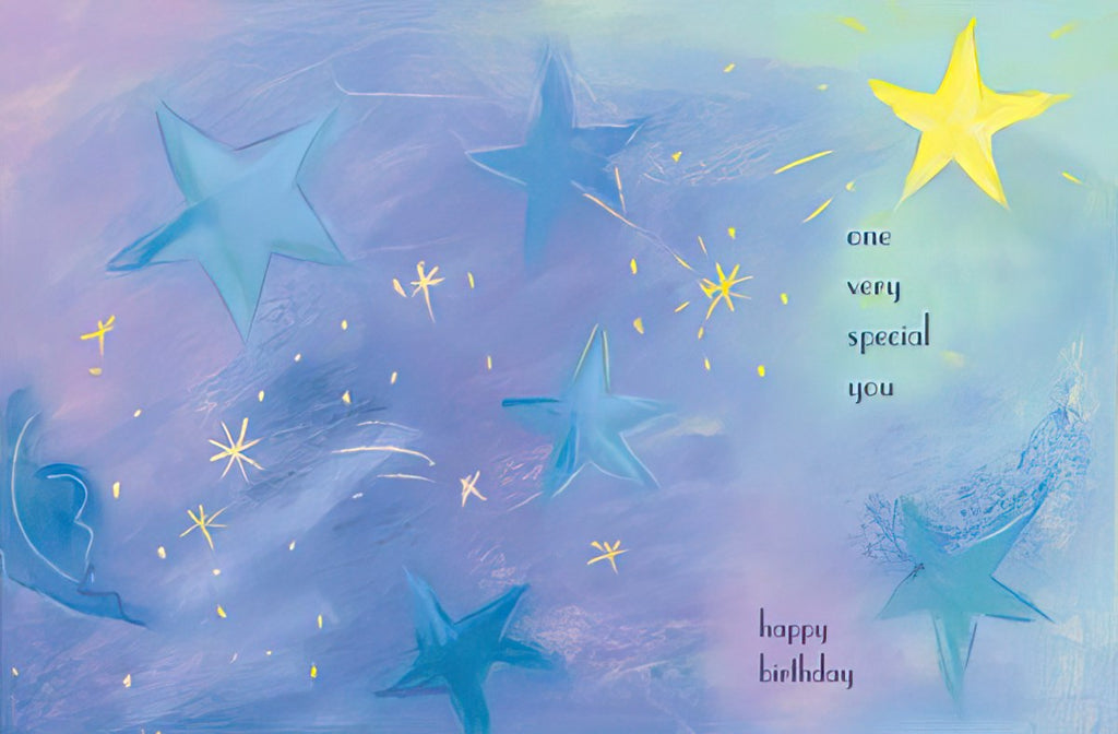 Inside of a unique birthday card for a child, featuring floating blue and yellow stars on a blue and purple celestial background. Text reads: 'one very special you happy birthday'.