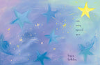 Inside of a unique birthday card for a child, featuring floating blue and yellow stars on a blue and purple celestial background. Text reads: 'one very special you happy birthday'.