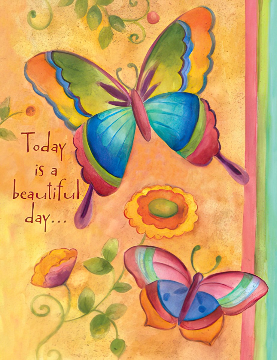 Vibrant butterfly greeting card front with two colorful butterflies on a warm yellow background, featuring the text 'Today is a a beautiful day...' in elegant script, ideal for celebrating someone special.
