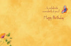 Inside of an inspiring greeting card featuring the message '...to celebrate wonderful you! Happy Birthday' in elegant script, accented by a small colorful butterfly and a textured yellow background.