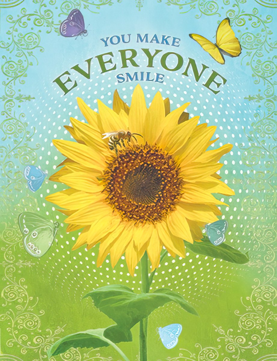 Vibrant sunflower greeting card front with a bee, butterflies, and text 'YOU MAKE EVERYONE SMILE' on a green and blue patterned background. Ideal for a complimentary friend's card.