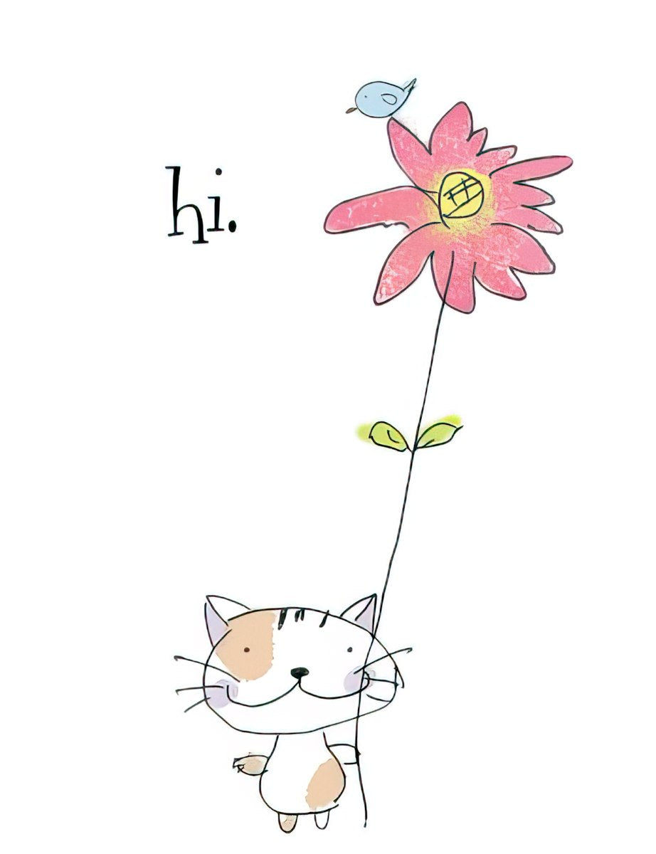 Cute illustration of a friendly cat holding a tall pink flower with a small blue bird perched on it, next to the handwritten word 'hi.' Ideal for a greeting card.