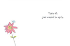 Inside of a minimalist greeting card showing a cute pink flower illustration with a blue bird, and the message 'That's all... just wanted to say hi.' on a white background.