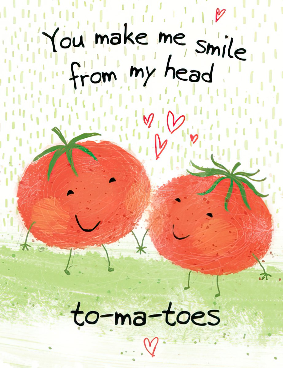 Funny friendship greeting card featuring two happy cartoon tomatoes holding hands, with the punny text 'You make me smile from my head to-ma-toes' on the front, perfect for a best pal or mate.