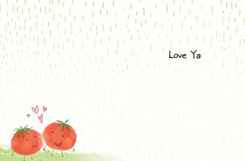 Inside view of a cute friendship greeting card with two small smiling tomato illustrations and the simple heartfelt message 'Love Ya', ready for a personalized note to a friend.