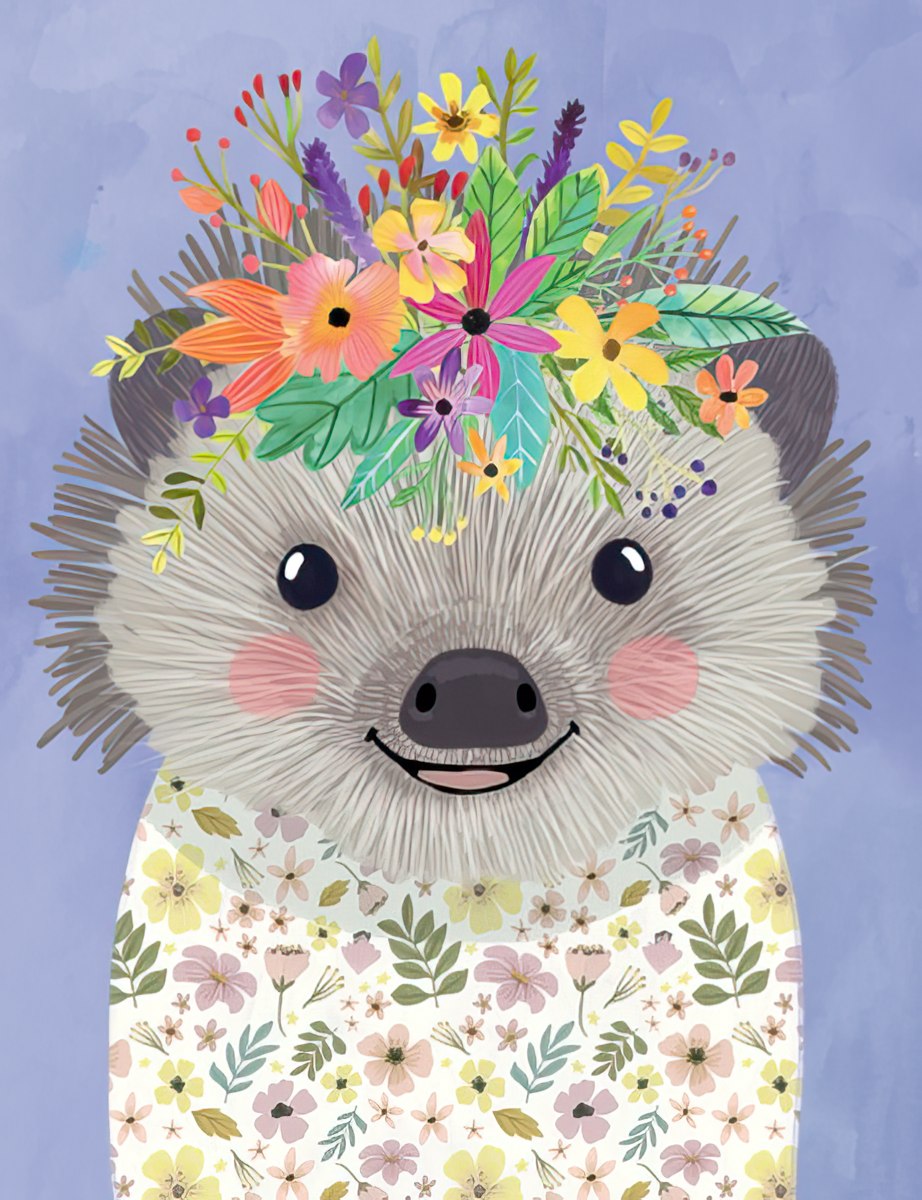 Cute hedgehog greeting card with a colorful floral crown and blush cheeks on a soft purple background, perfect for a special pal.