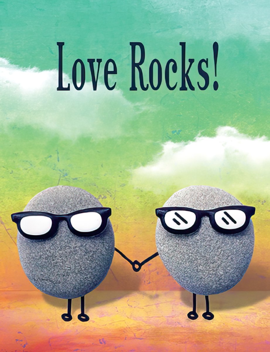 Front of a humorous anniversary greeting card showing two cartoon rock characters with sunglasses, holding hands, against a vibrant green, blue, yellow, and orange sky. Text reads 'Love Rocks!'