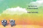 Inside of the funny anniversary card, displaying the two rock characters walking away. Text reads 'And should never be taken for granite. Happy Anniversary' against the same vibrant, cloudy background.