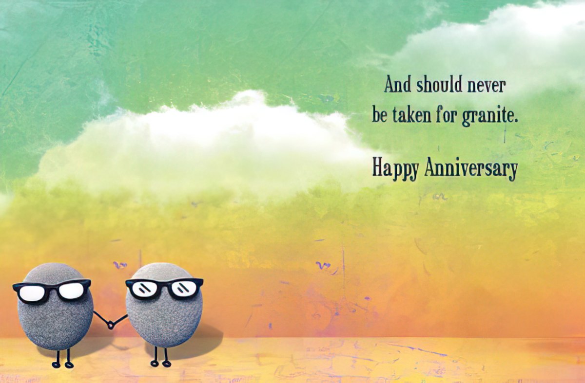 Inside of the funny anniversary card, displaying the two rock characters walking away. Text reads 'And should never be taken for granite. Happy Anniversary' against the same vibrant, cloudy background.