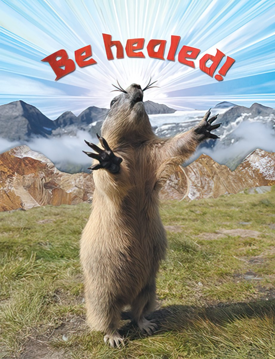 Religious healing greeting card featuring a marmot-like animal with outstretched paws looking up, bright light, and 'Be healed!' text, set against a mountain backdrop.