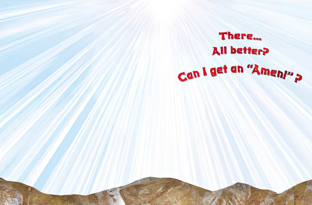 Interior of a religious encouragement card with a radiant light burst and 'There... All better? Can I get an Amen?' text, for a friend's recovery.