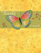 Watercolor butterfly thank you greeting card front with vibrant wings, 'Thanks so much' text, and elegant yellow floral background.