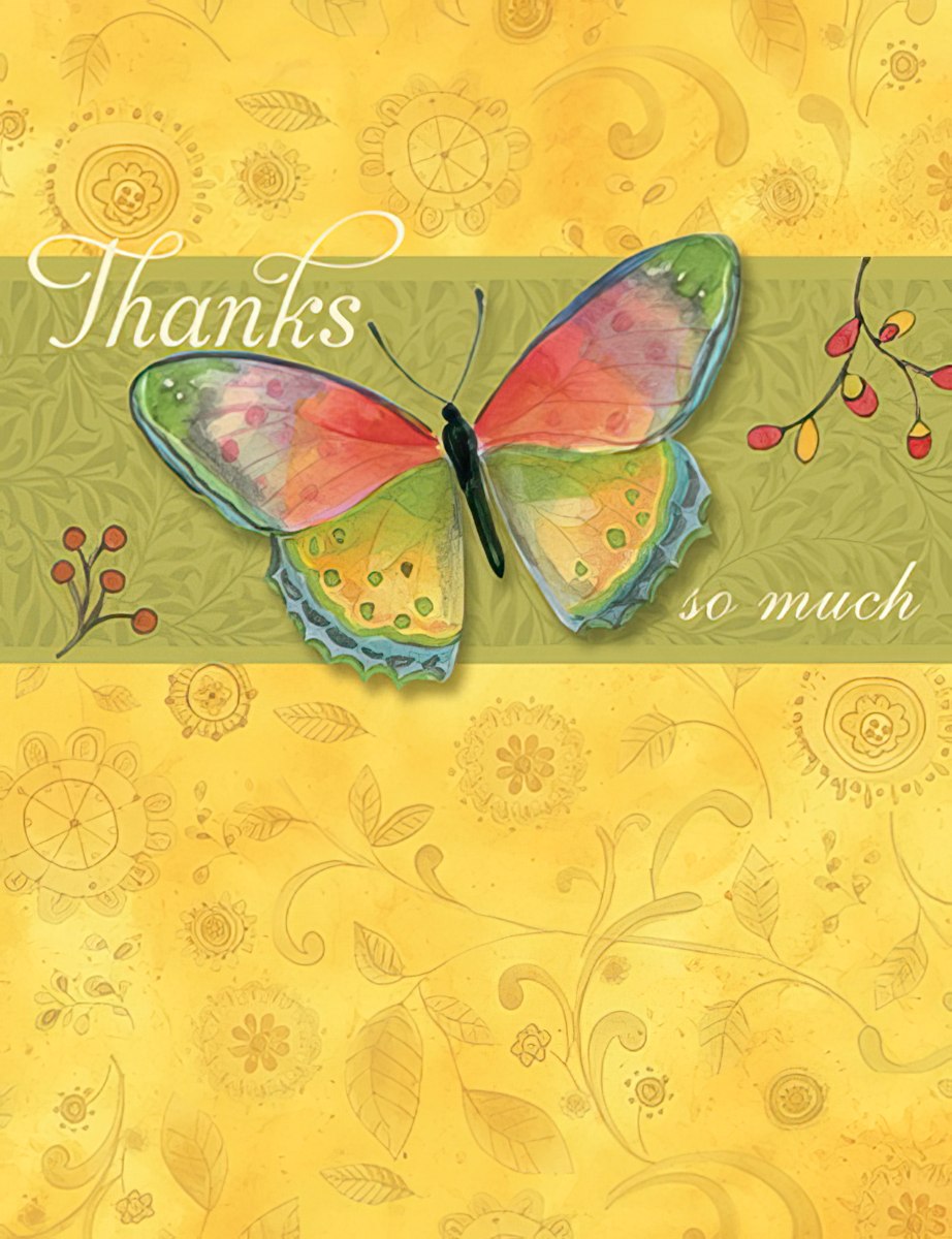 Watercolor butterfly thank you greeting card front with vibrant wings, 'Thanks so much' text, and elegant yellow floral background.