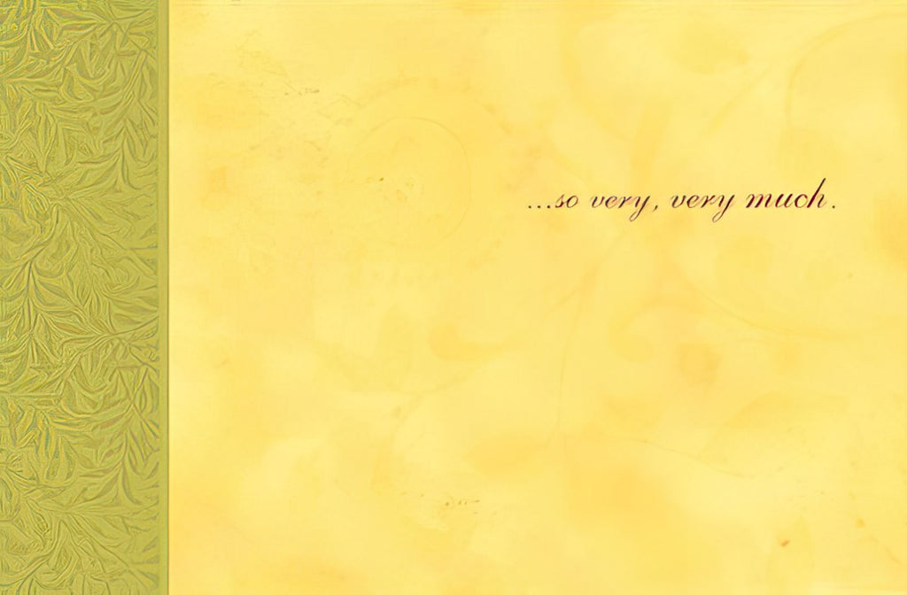 Inside of a heartfelt thank you card with '...so very, very much' text on a soft yellow background, elegant green border.