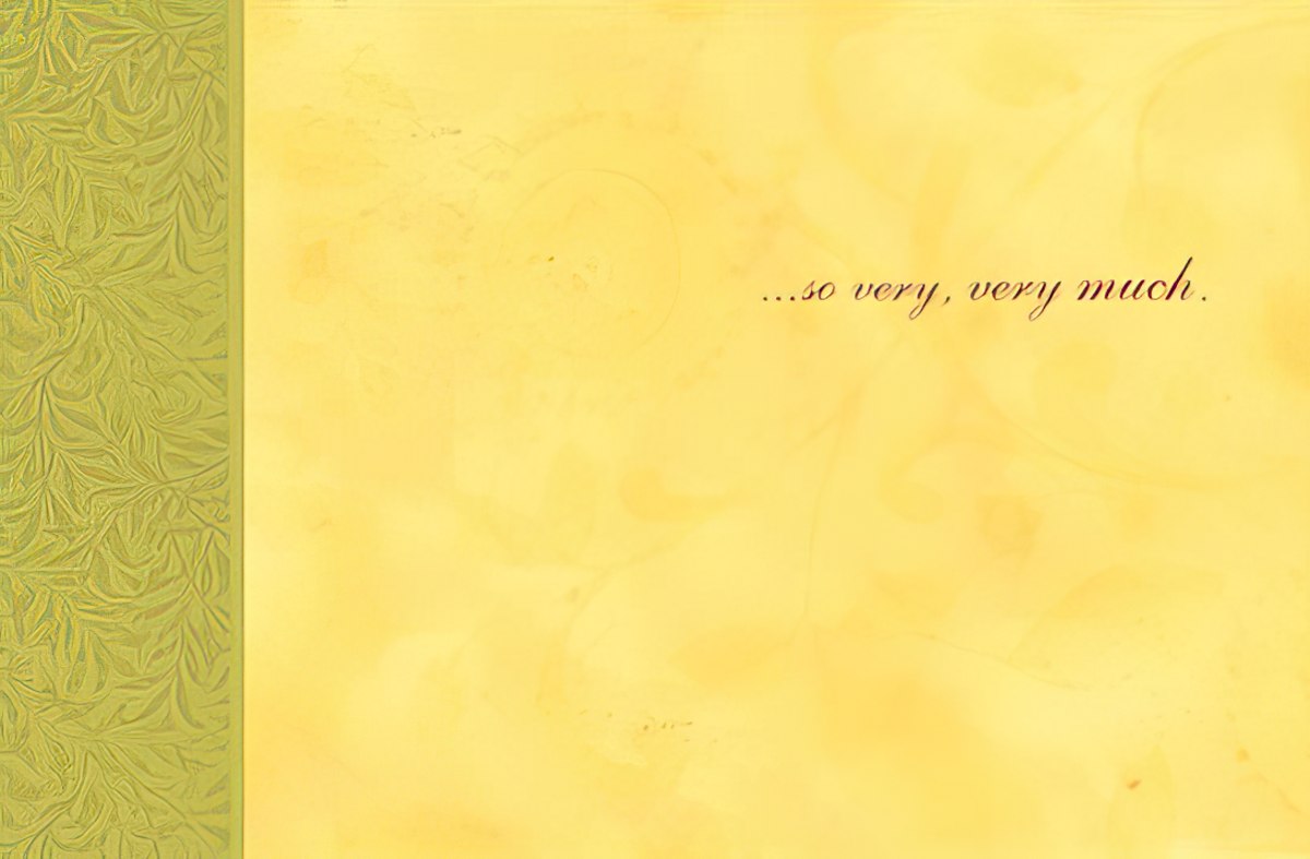Inside of a heartfelt thank you card with '...so very, very much' text on a soft yellow background, elegant green border.