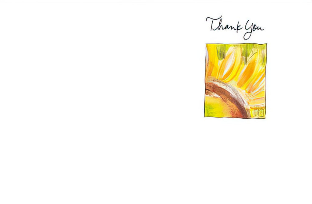 Inside view of a gratitude greeting card with 'Thank You' script and a subtle watercolor sunflower accent.