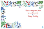 Open heartfelt floral birthday card inside, showing a cheerful border of red, blue, and green botanicals and the warm message 'Here's to many more years of wonderfulness! Happy Birthday,' with ample space for a personal note for your parent.
