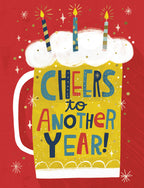 Funny greeting card front featuring a vibrant yellow beer mug with white foam, three lit birthday candles, and shimmering gold confetti, proclaiming 'Cheers to Another Year!' on a festive red background.