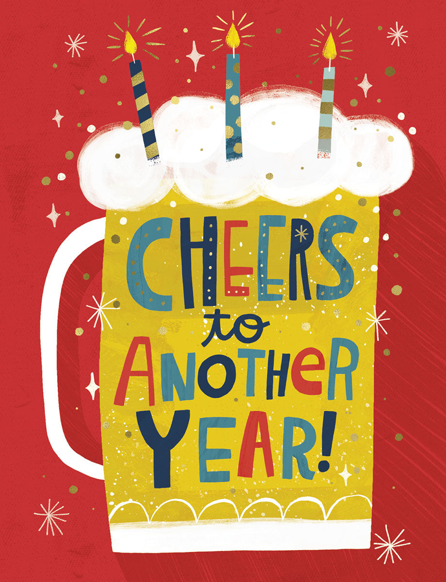 Funny greeting card front featuring a vibrant yellow beer mug with white foam, three lit birthday candles, and shimmering gold confetti, proclaiming 'Cheers to Another Year!' on a festive red background.