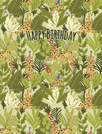 Whimsical greeting card front with cheetahs in party hats amidst lush green jungle leaves, text 'Happy Birthday'.