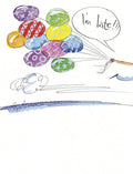 Front of a colorful belated birthday greeting card featuring patterned balloons held by a hand and a speech bubble saying 'I'm late!!!'.