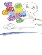 Front of a colorful belated birthday greeting card featuring patterned balloons held by a hand and a speech bubble saying 'I'm late!!!'.