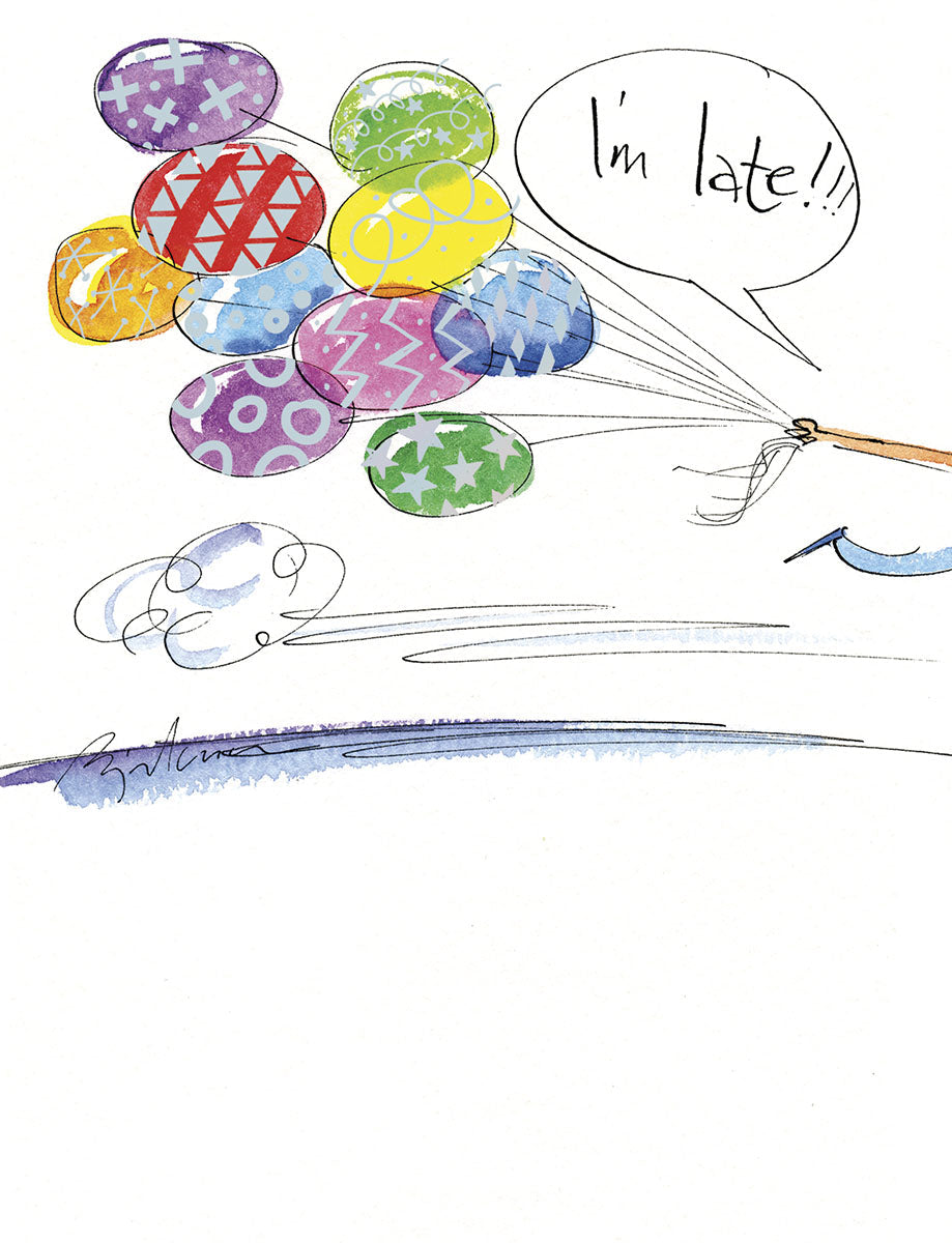 Front of a colorful belated birthday greeting card featuring patterned balloons held by a hand and a speech bubble saying 'I'm late!!!'.