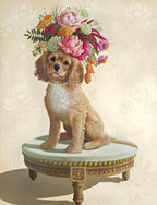 Elegant dog greeting card featuring a charming cavalier spaniel with a pearl necklace and a vibrant floral hat, sitting on a fancy stool against a patterned background. Perfect for any occasion.