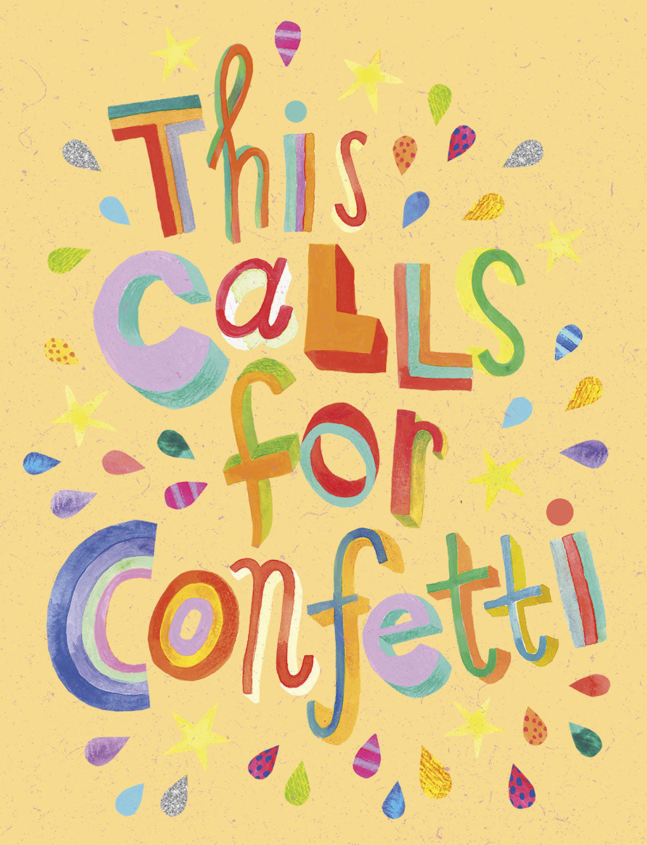 Vibrant congratulations greeting card cover with colorful text 'This Calls for Confetti' surrounded by stars and glittery teardrop shapes on a cheerful yellow background, perfect for celebrating milestones.