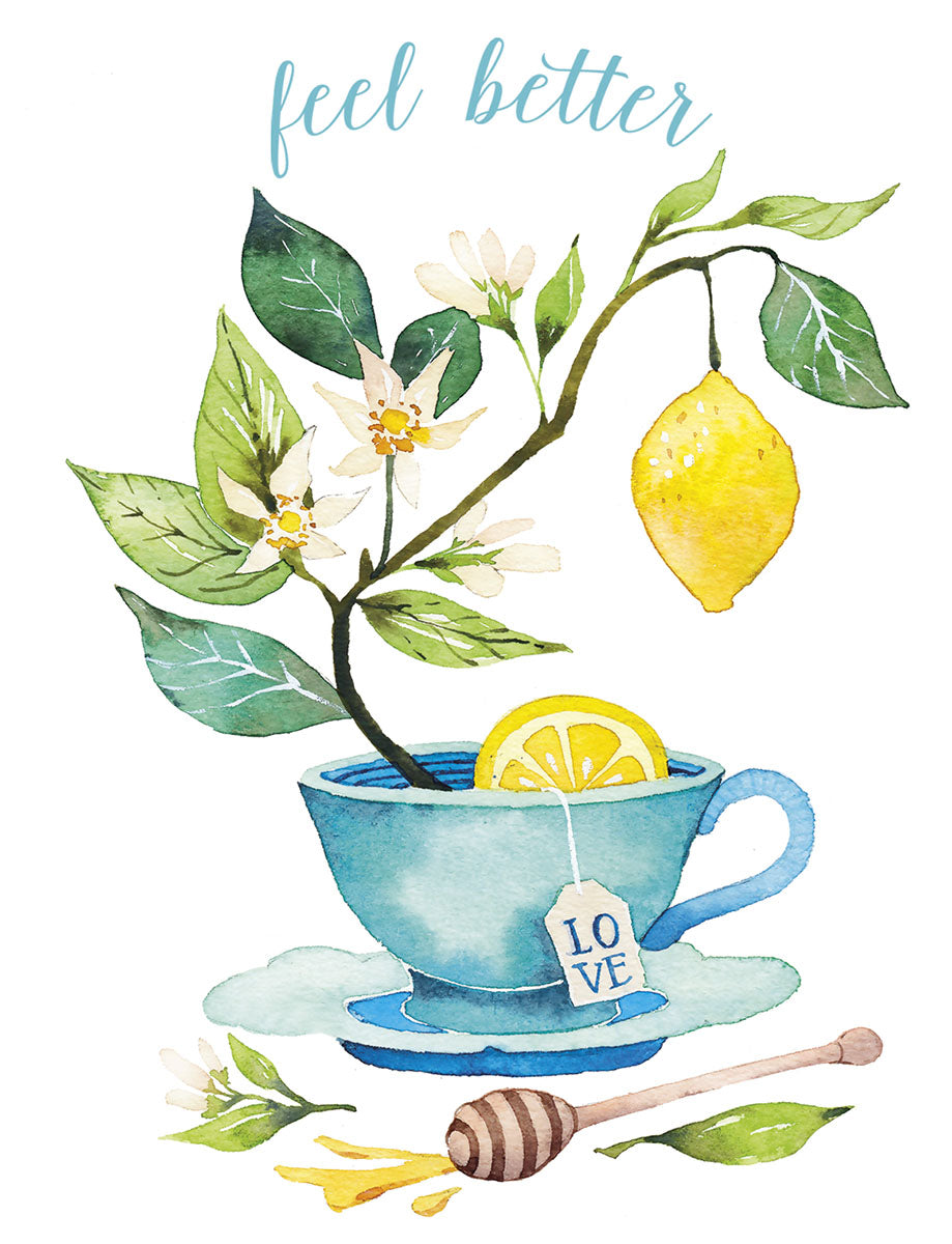 Watercolor 'Feel Better' greeting card featuring a blue teacup with lemon, a lemon tree branch with flowers and fruit, and a honey dipper, conveying warmth and comfort.